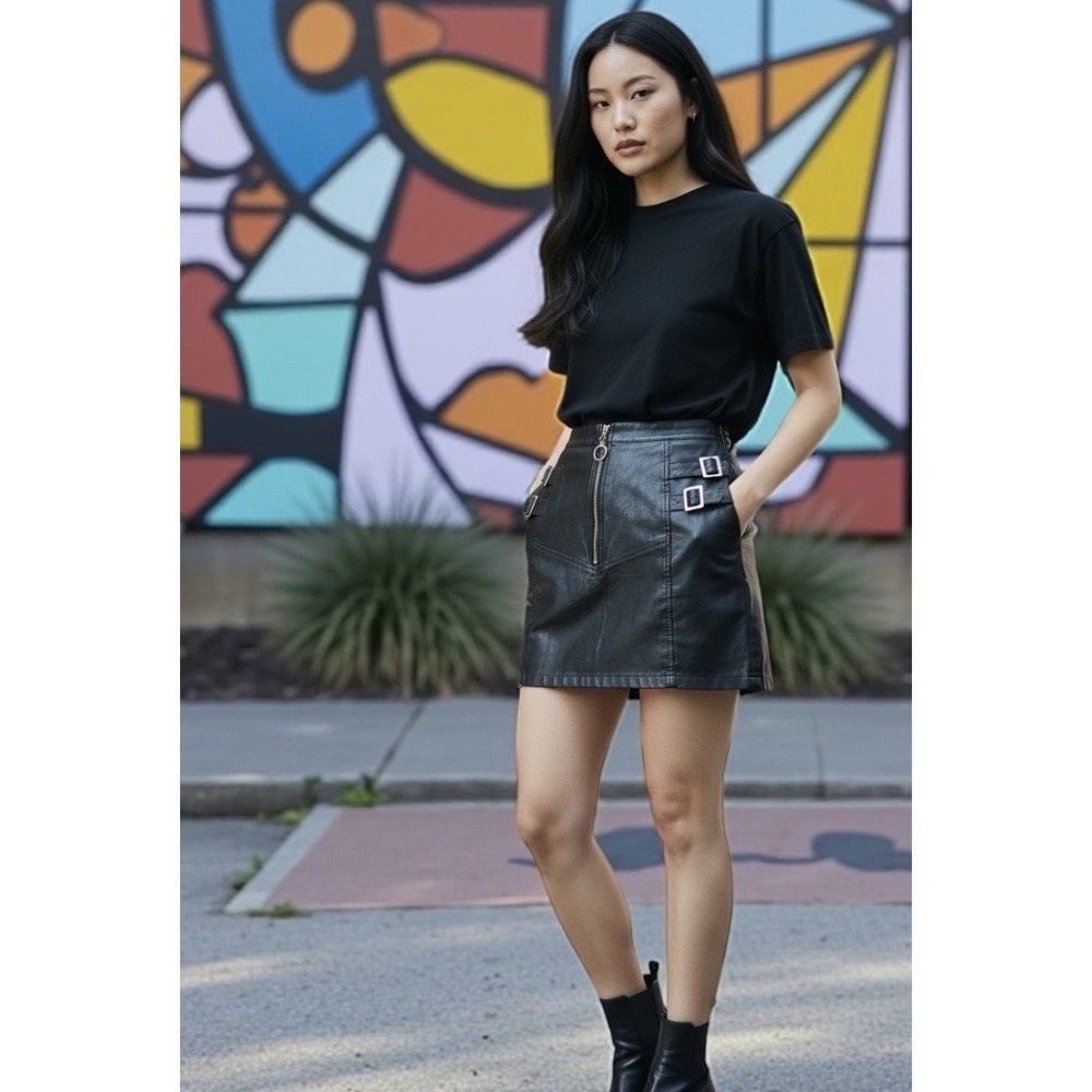 Grunge Goth Faux Leather Mini Skirt with‎ Buckles and Zipper - Festival Ready